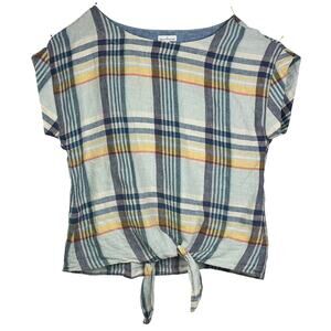 LL Bean Signature 100% Linen short sleeve tie front Top, Medium Plaid